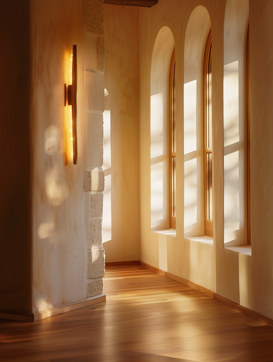 Sunbeam on limestone plaster wall plane