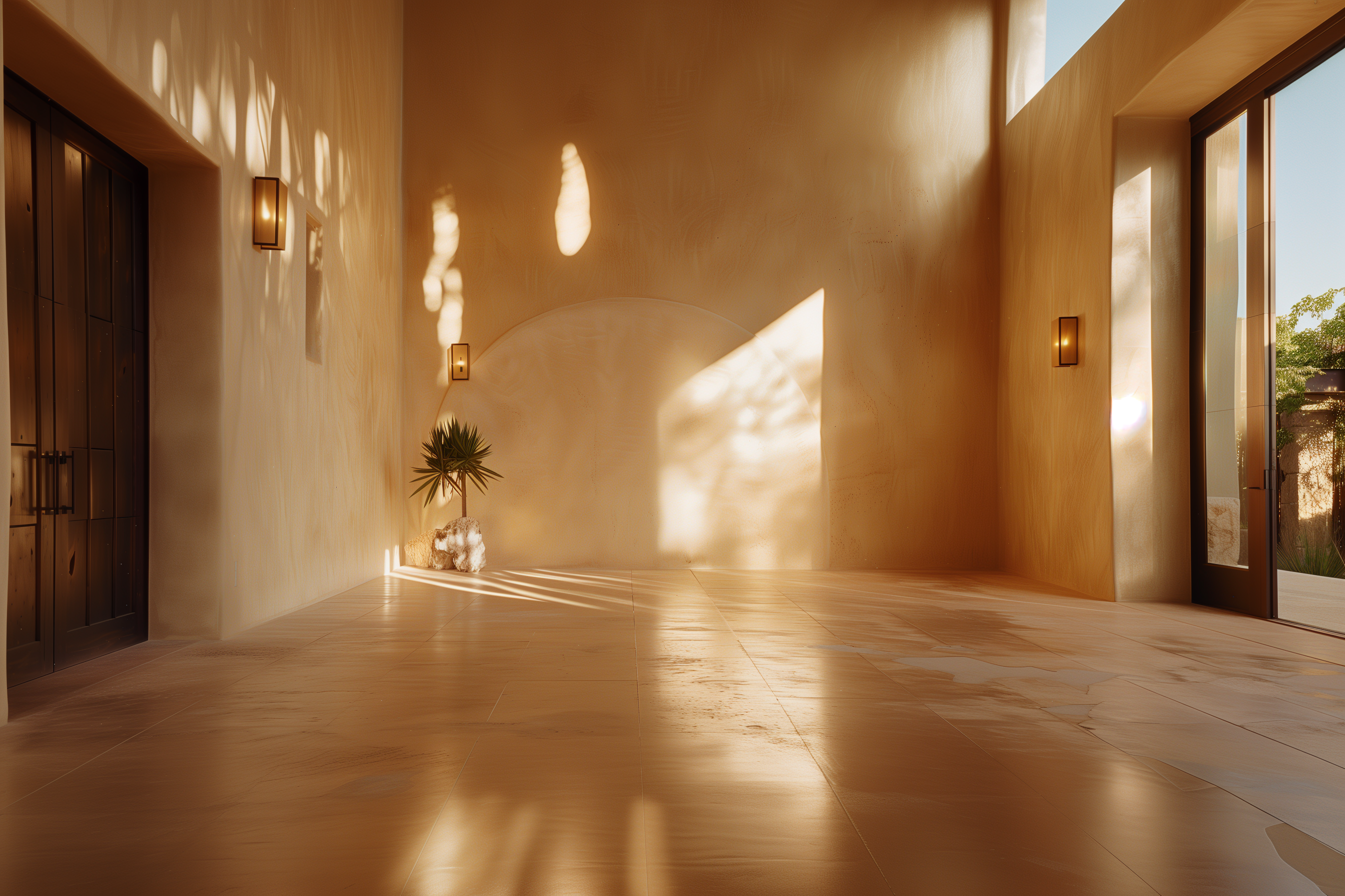 Residential interior, polished lime walls in raking light