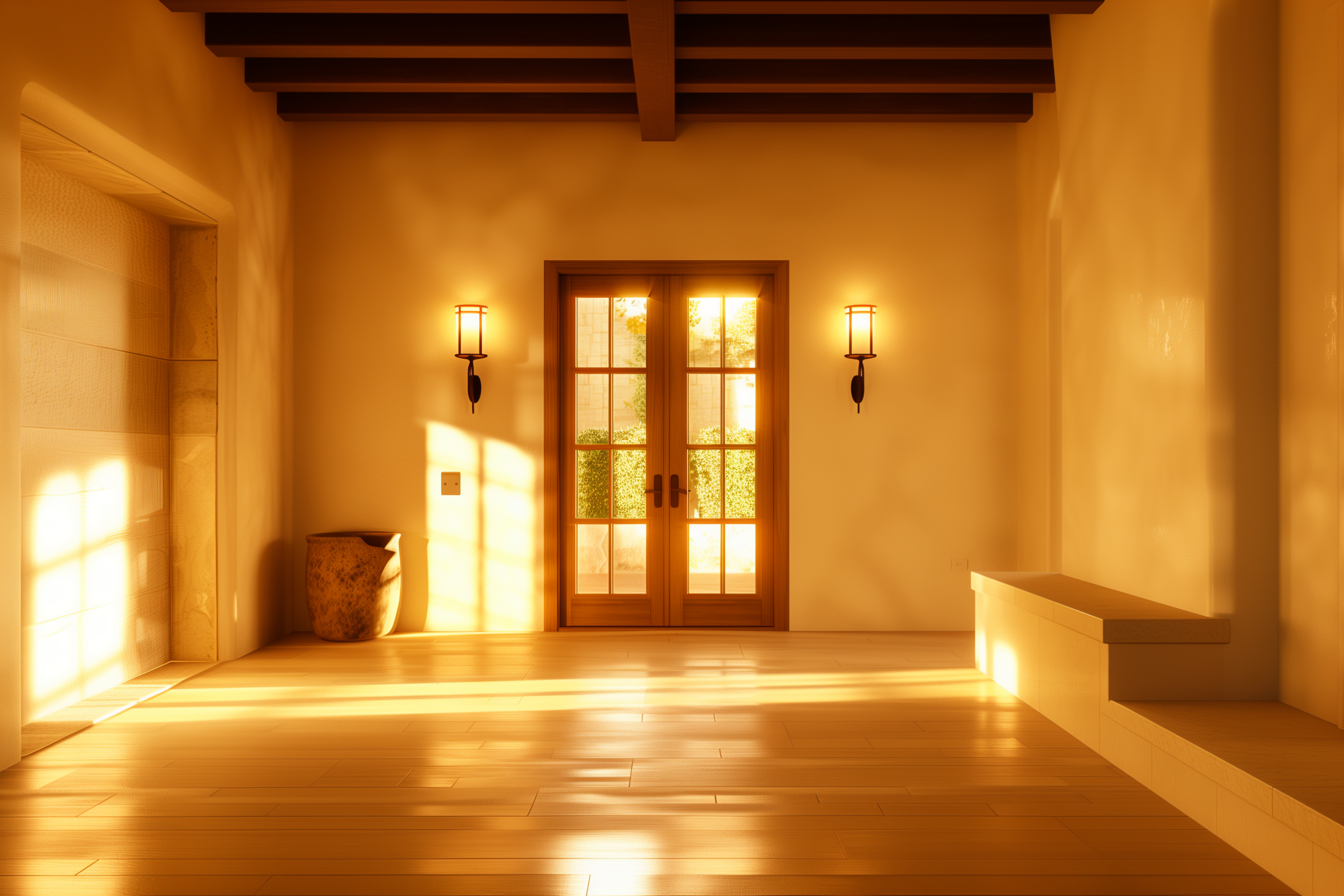 Residential entry, limestone plaster in raking afternoon light