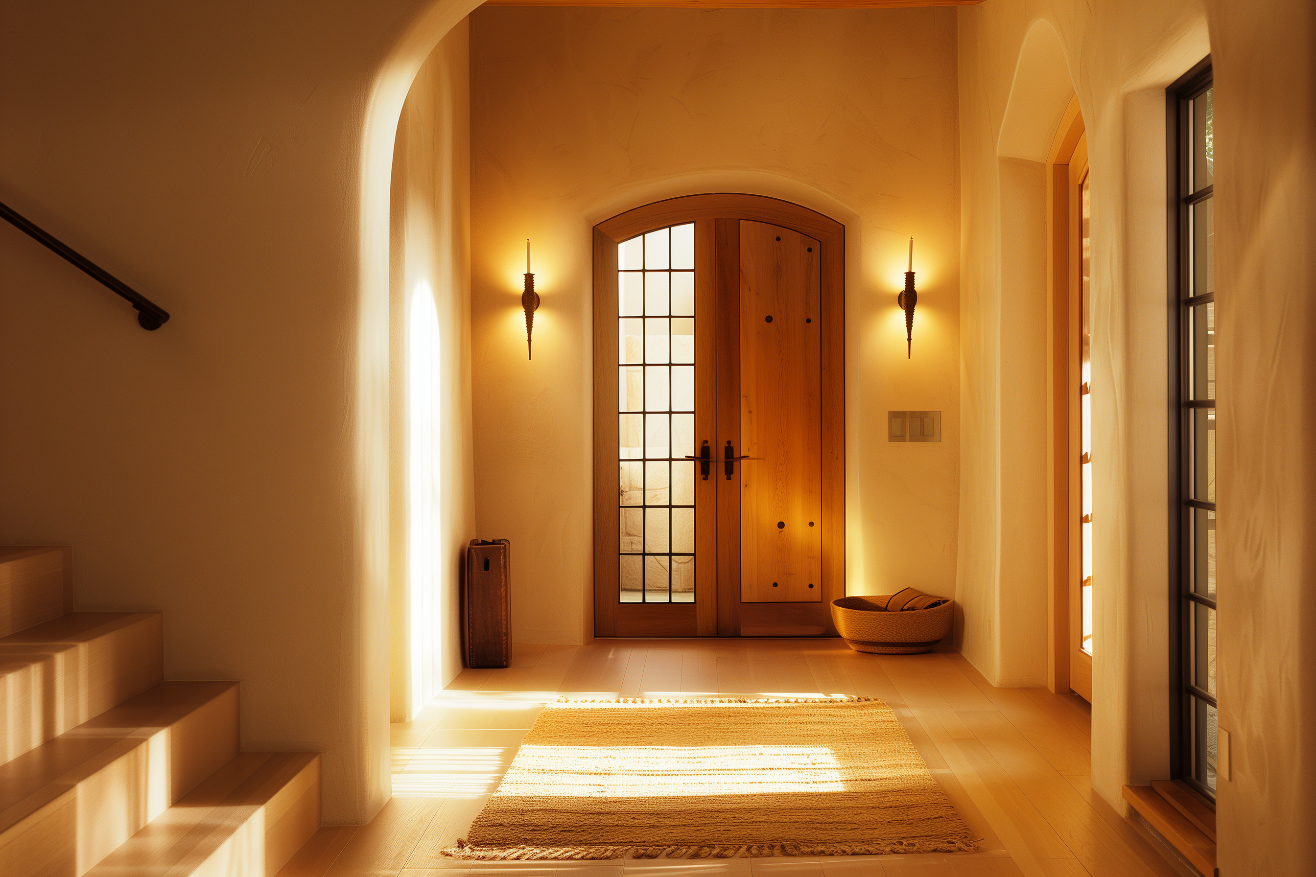 Residential entry, limestone plaster in raking afternoon light
