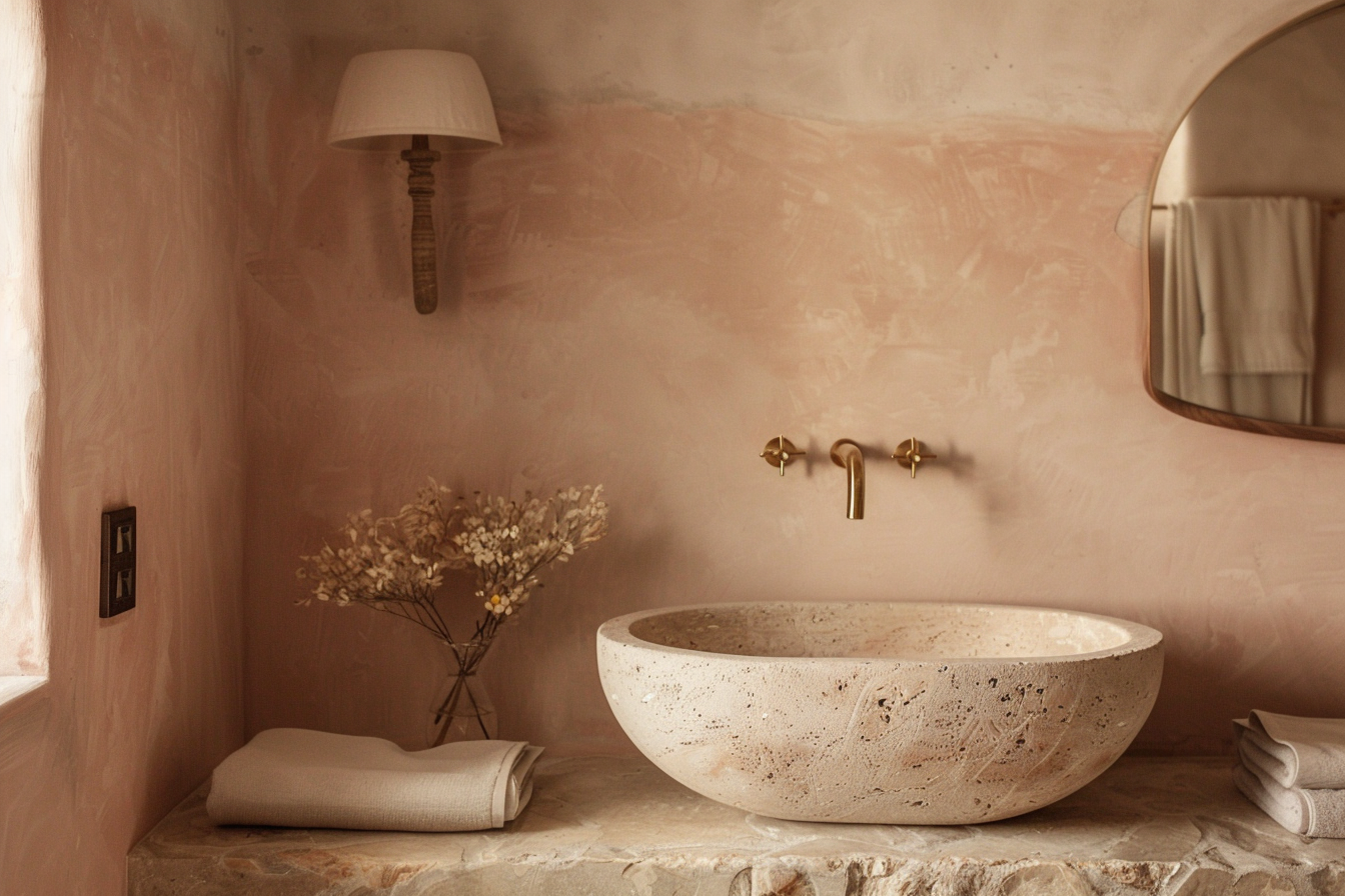 Hospitality powder room in warm tadelakt