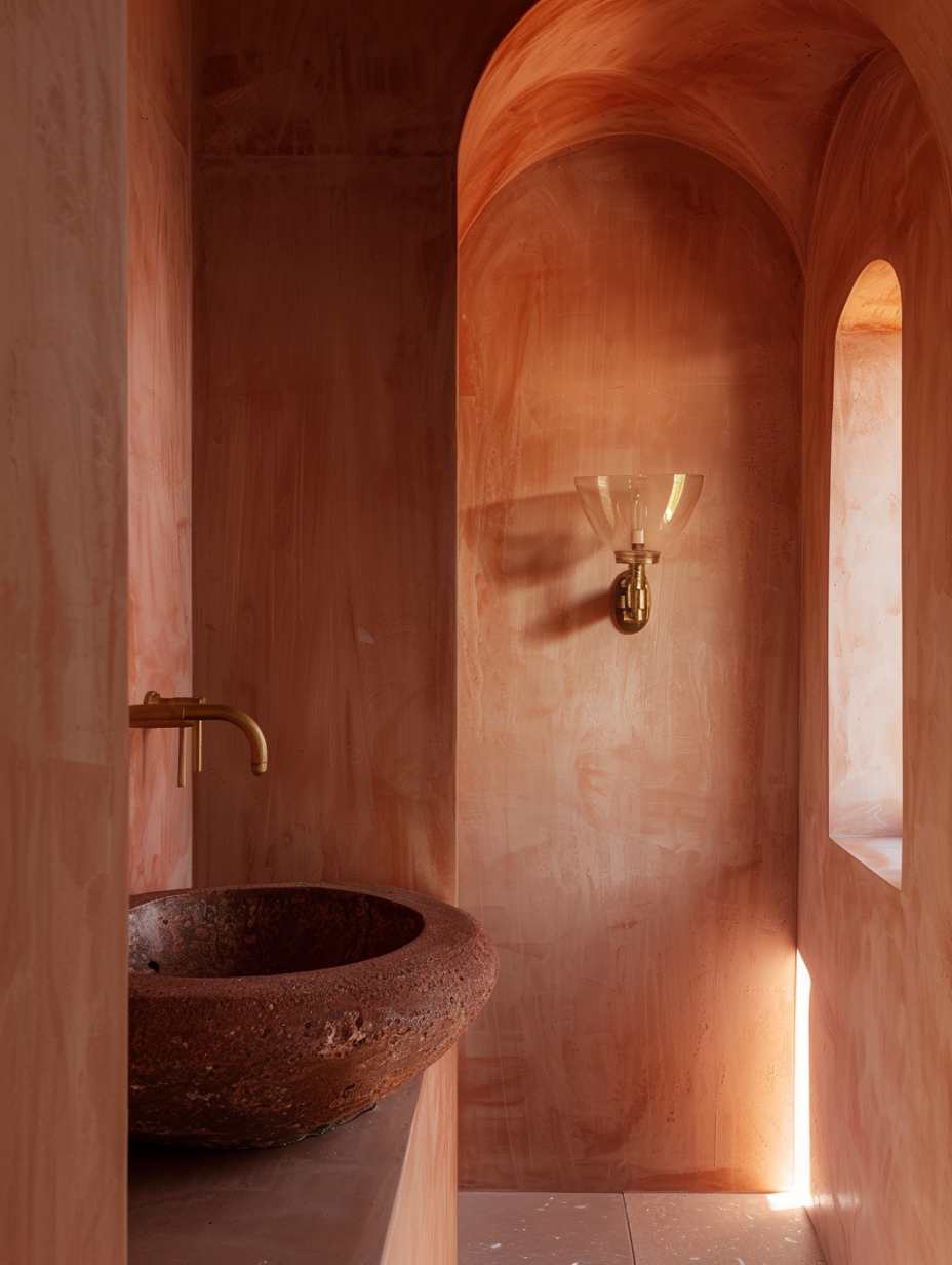 Hospitality powder room in warm tadelakt