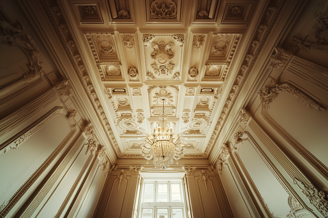 Restoration ceiling with plaster moldings, looking up